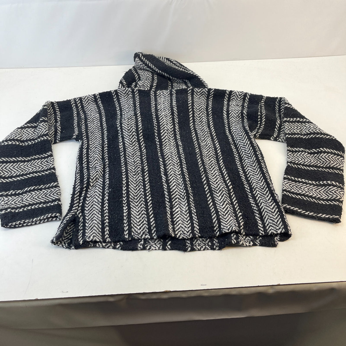 Genuine Mexican Baja Hoodie Pullover Hippie Festival White/Black Stripe size S