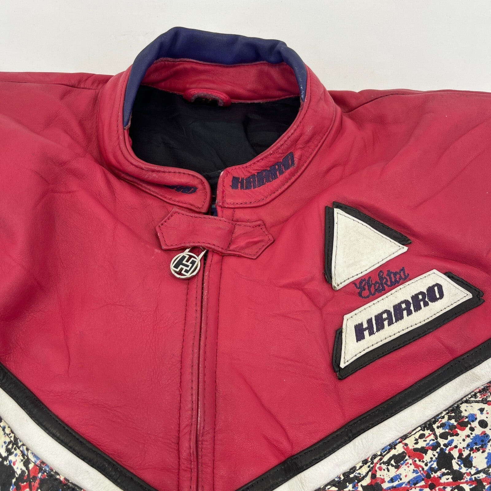Vintage Harro Leather Motorcycle Biker Jacket Pink Blue White EU size 48