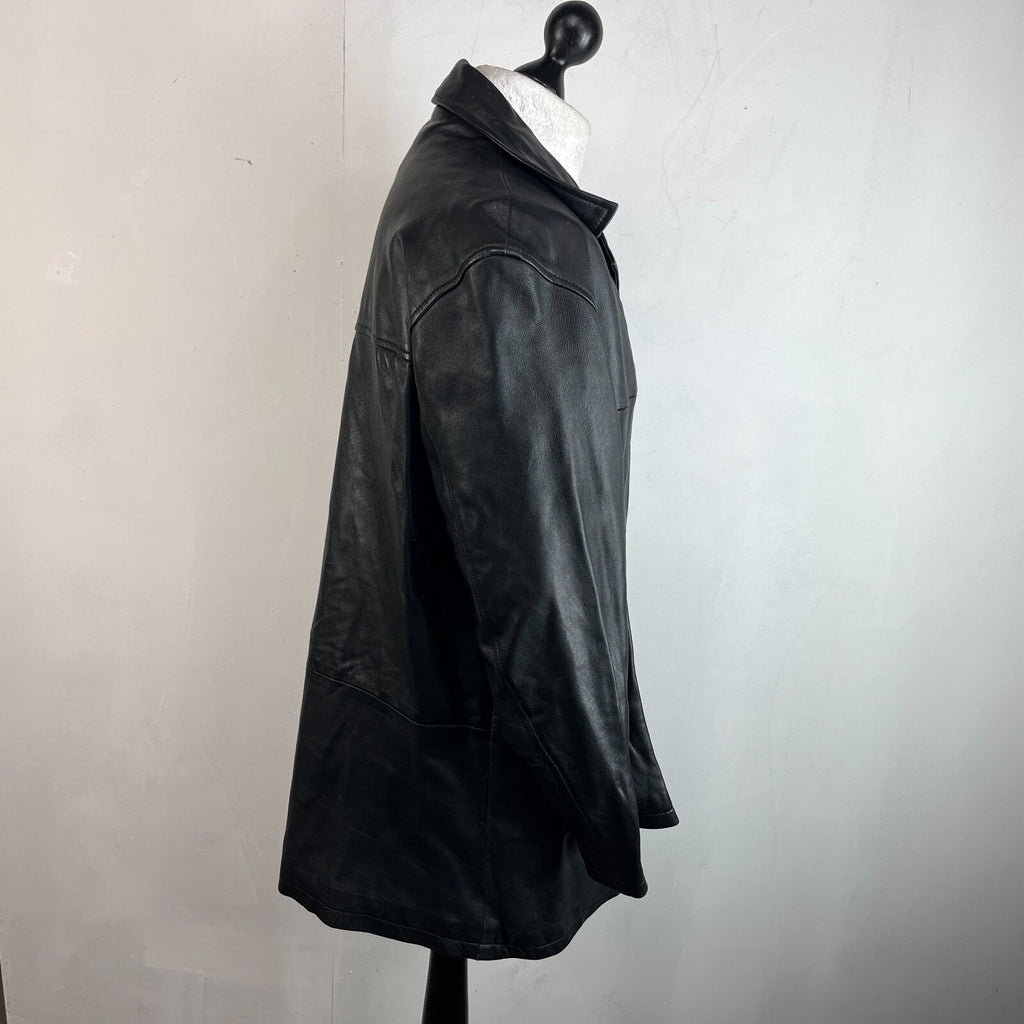 CG Collections Men's Leather Overcoat Jacket Black size Large Spread Collar