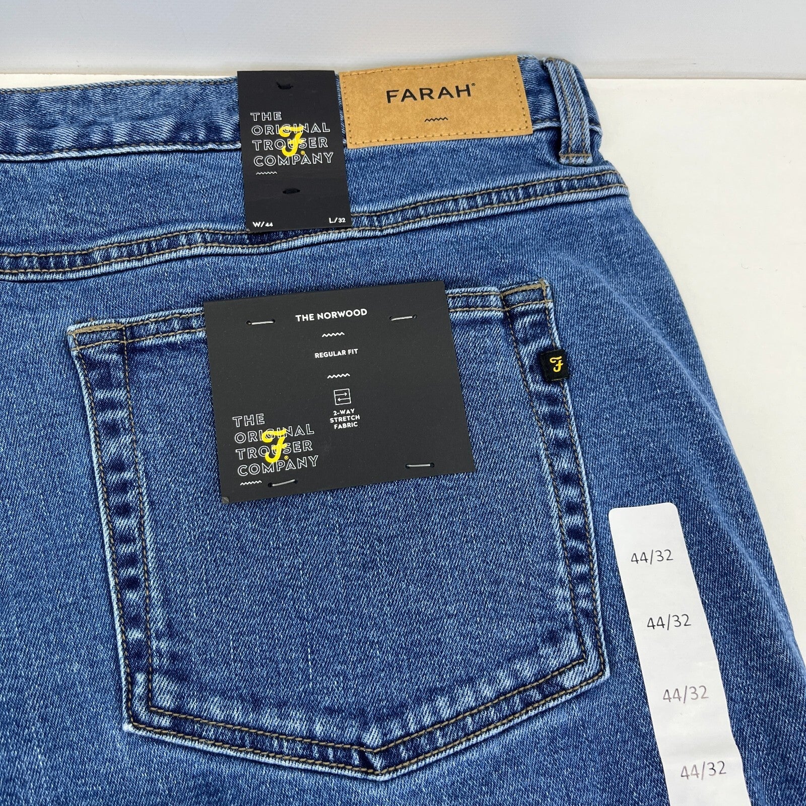 Men's Farah Norwood Indigo Mid Blue Regular Fit Jeans Straight Leg W44" L32" New