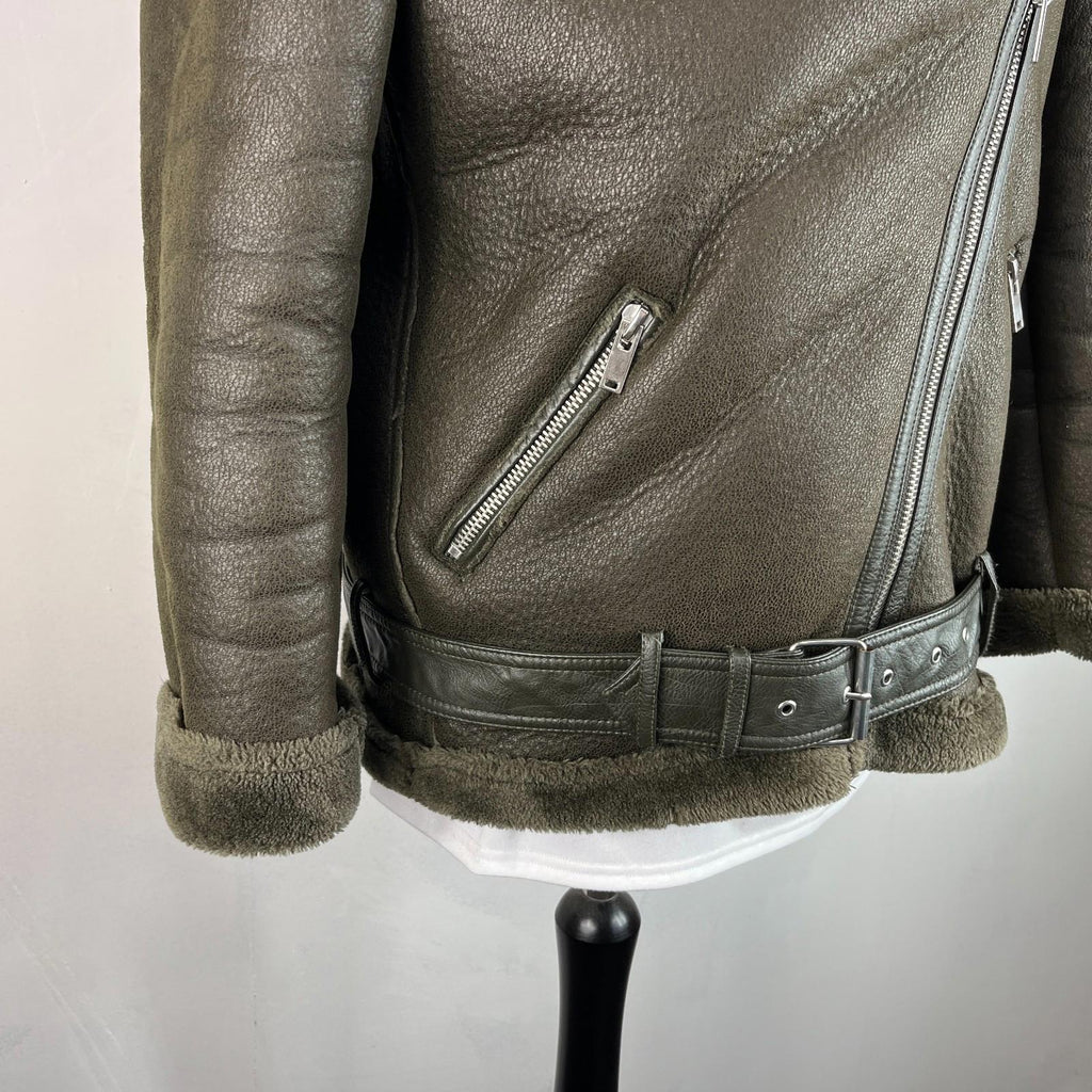 Zara Brown Faux Shearling Fur Lined Jacket Aviator Brown with Belt size Medium