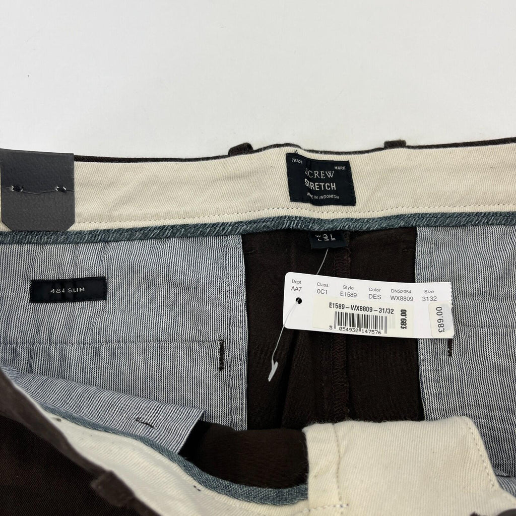 J Crew 484 Slim Fit Stretch Chino Trousers in Dark Brown W31" L32" New with Tags