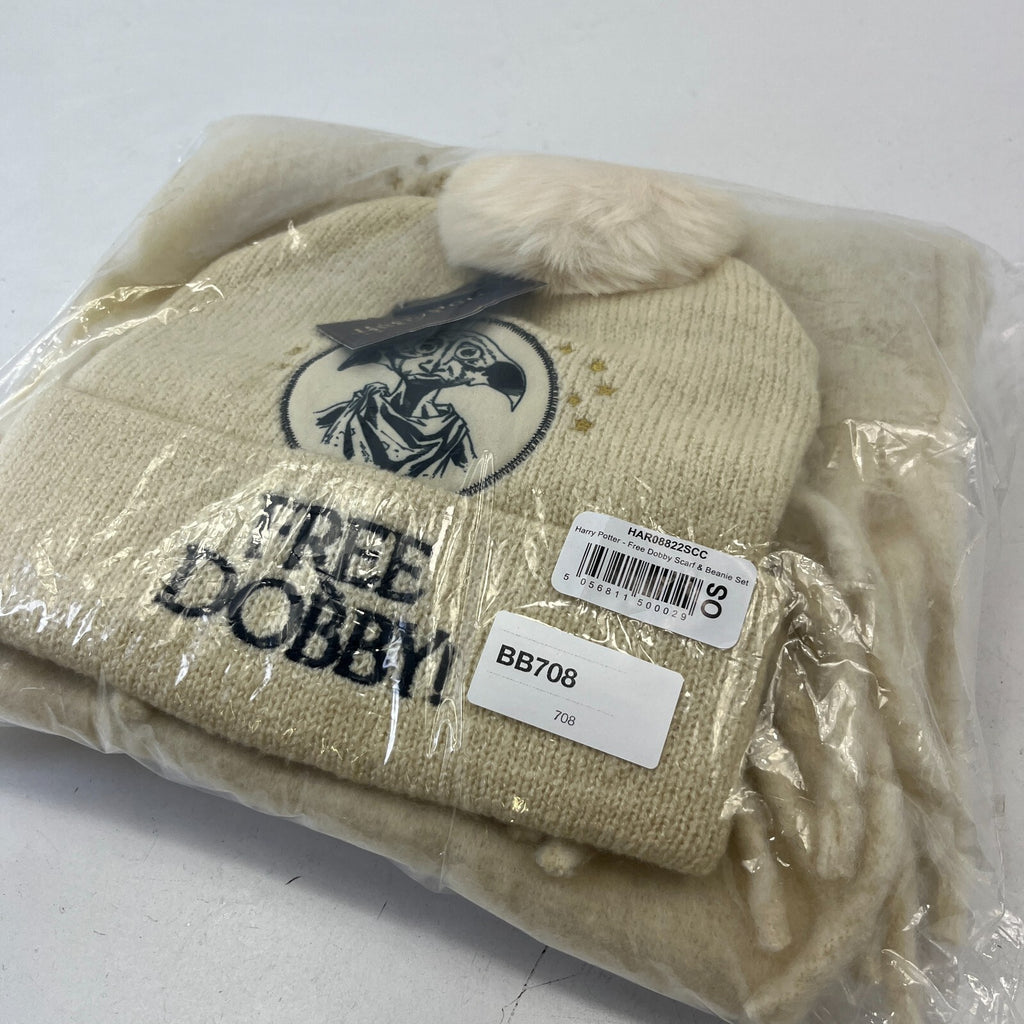 Harry Potter Free Dobby Super Soft Adults Hat & Scarf Set Pom-Pom Cream Embroidered