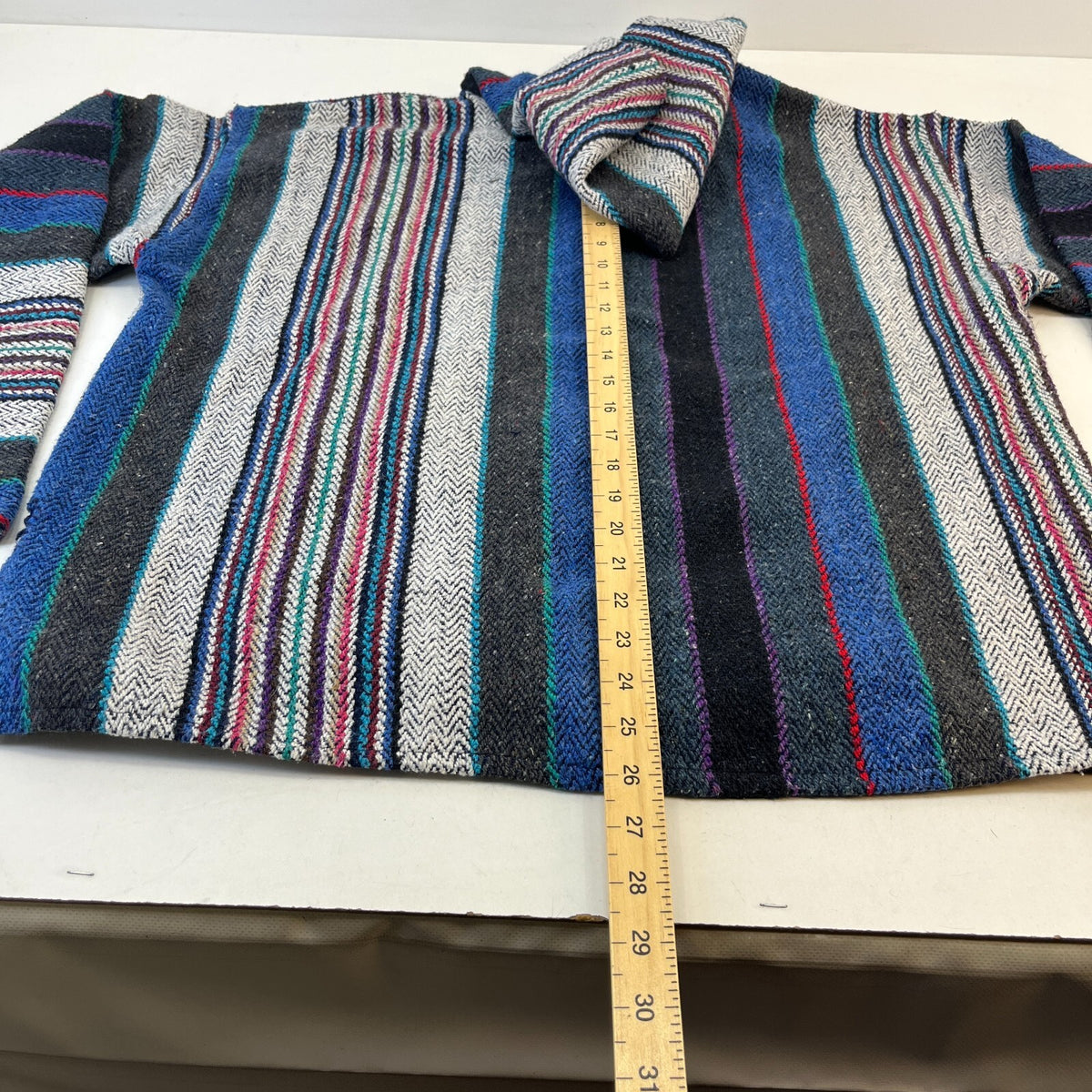 Genuine Mexican Baja Hoodie Pullover Hippie Festival Blue/Black/Grey UK size XL