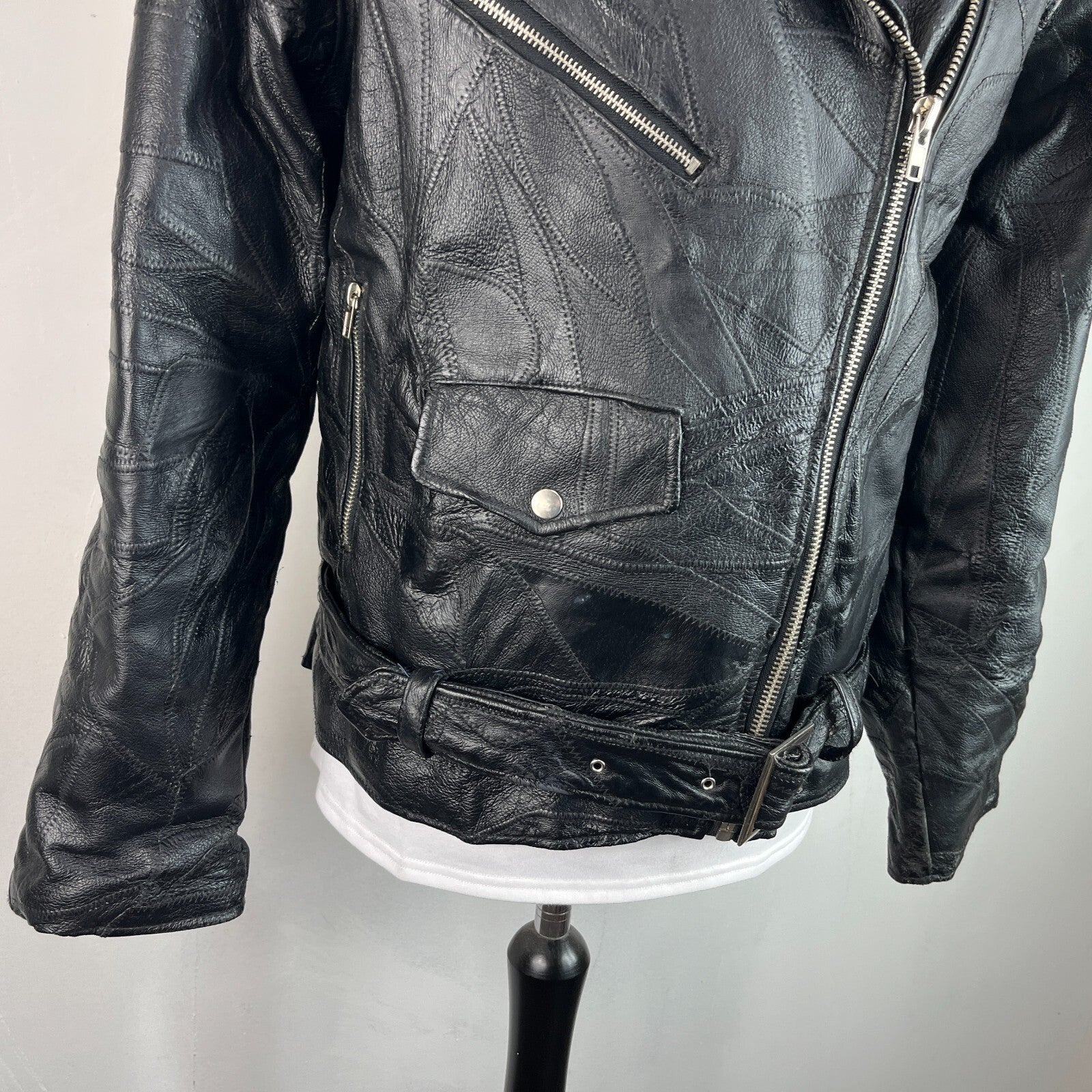 Flight Path Black Patchwork Leather Motorcycle Jacket Cruiser Biker size Large