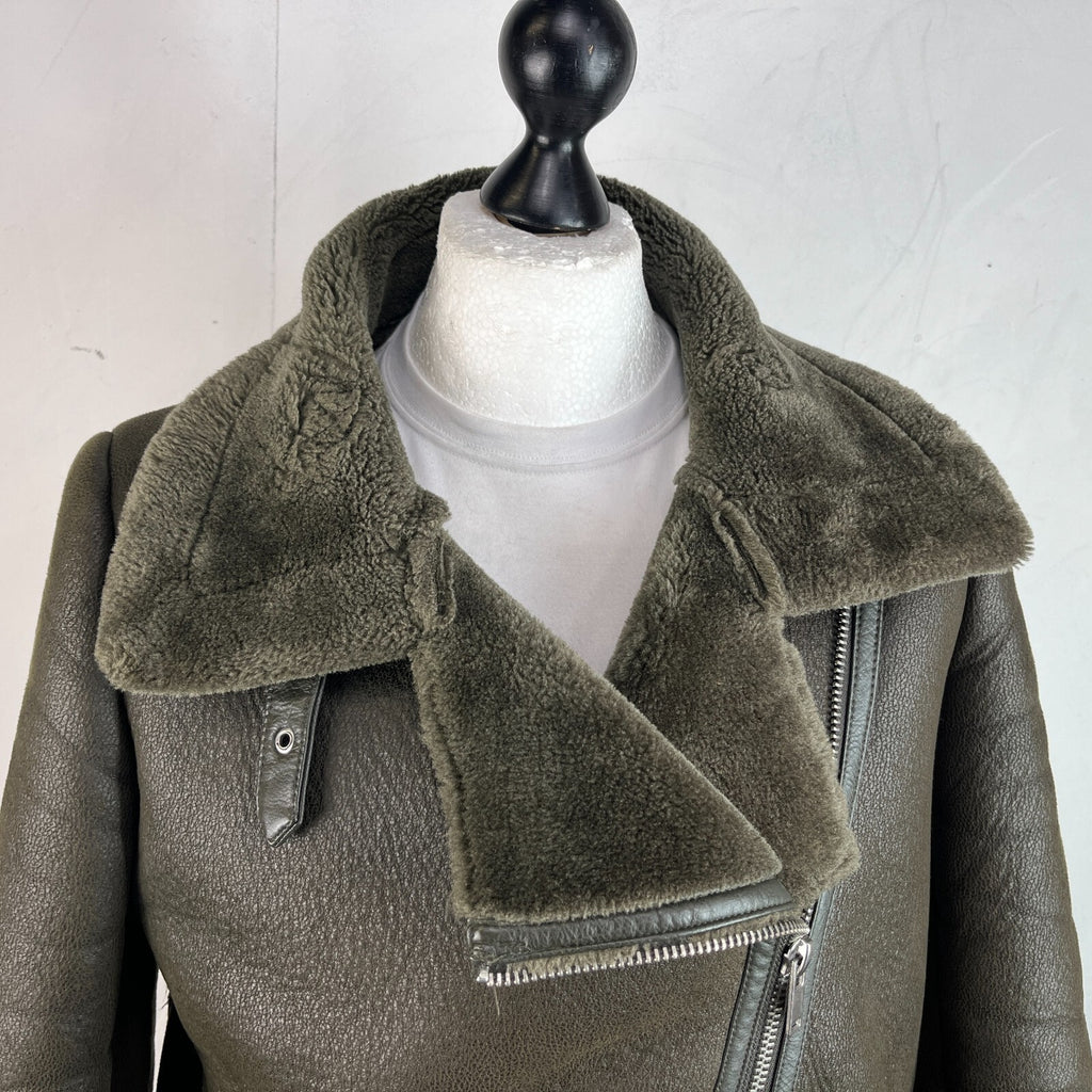 Zara Brown Faux Shearling Fur Lined Jacket Aviator Brown with Belt size Medium