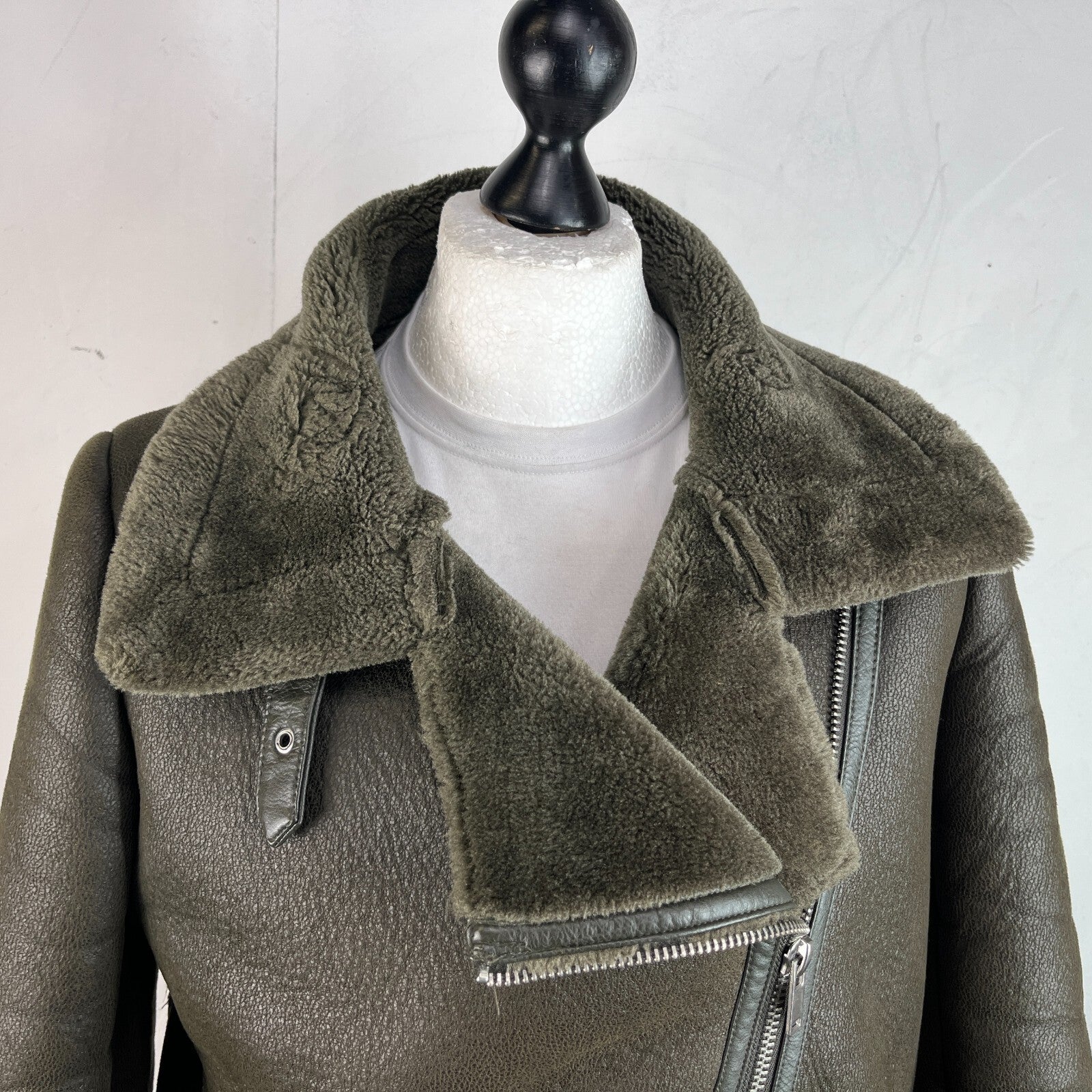 Zara Brown Faux Shearling Fur Lined Jacket Aviator Brown with Belt size Medium