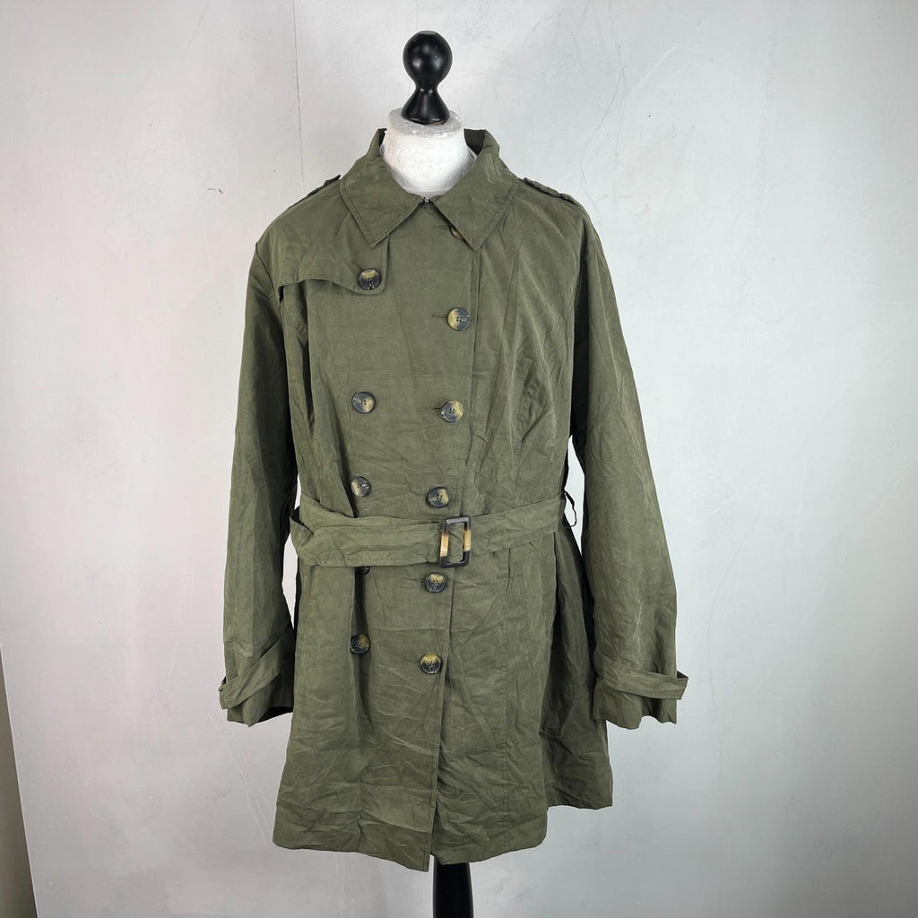 Sears Vtg Distressed Look Military Trench Coat Olive Green Belted - Women's 3XL