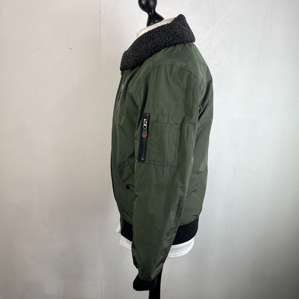 SuperDry 23rd Squadron Aviator Bomber Jacket Dark Green w/ Sherpa Collar size L