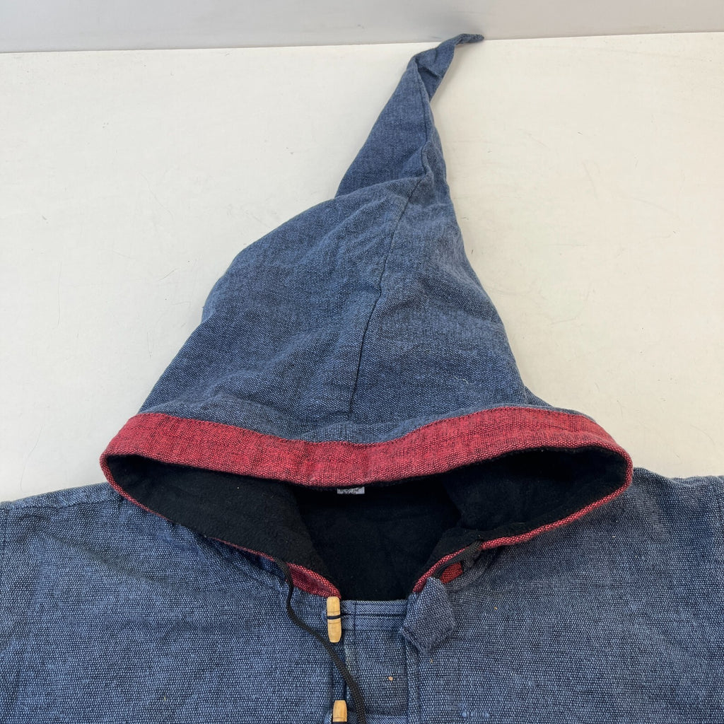 Traditional Nepalese Y2K Cotton Knit Retro Blue Pullover Hooded Jumper size L