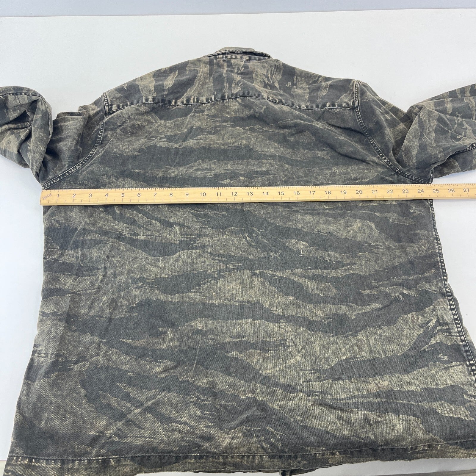 AllSaints Denim Jacket Men's size XL Relaxed Fit Distressed Tiger Camo