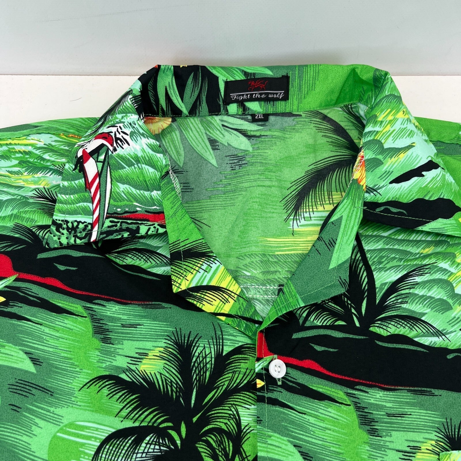 Fight the Wolf Mens Green Hawaiian Shirt Design Short Sleeve Holiday size 2XL