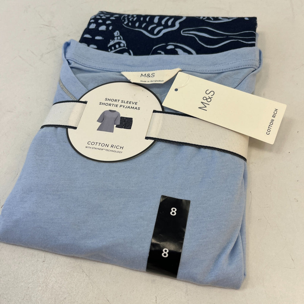 M&S Ladies Pyjama Set UK size 8 Pale Blue & Navy Short Leg Short Sleeve - New