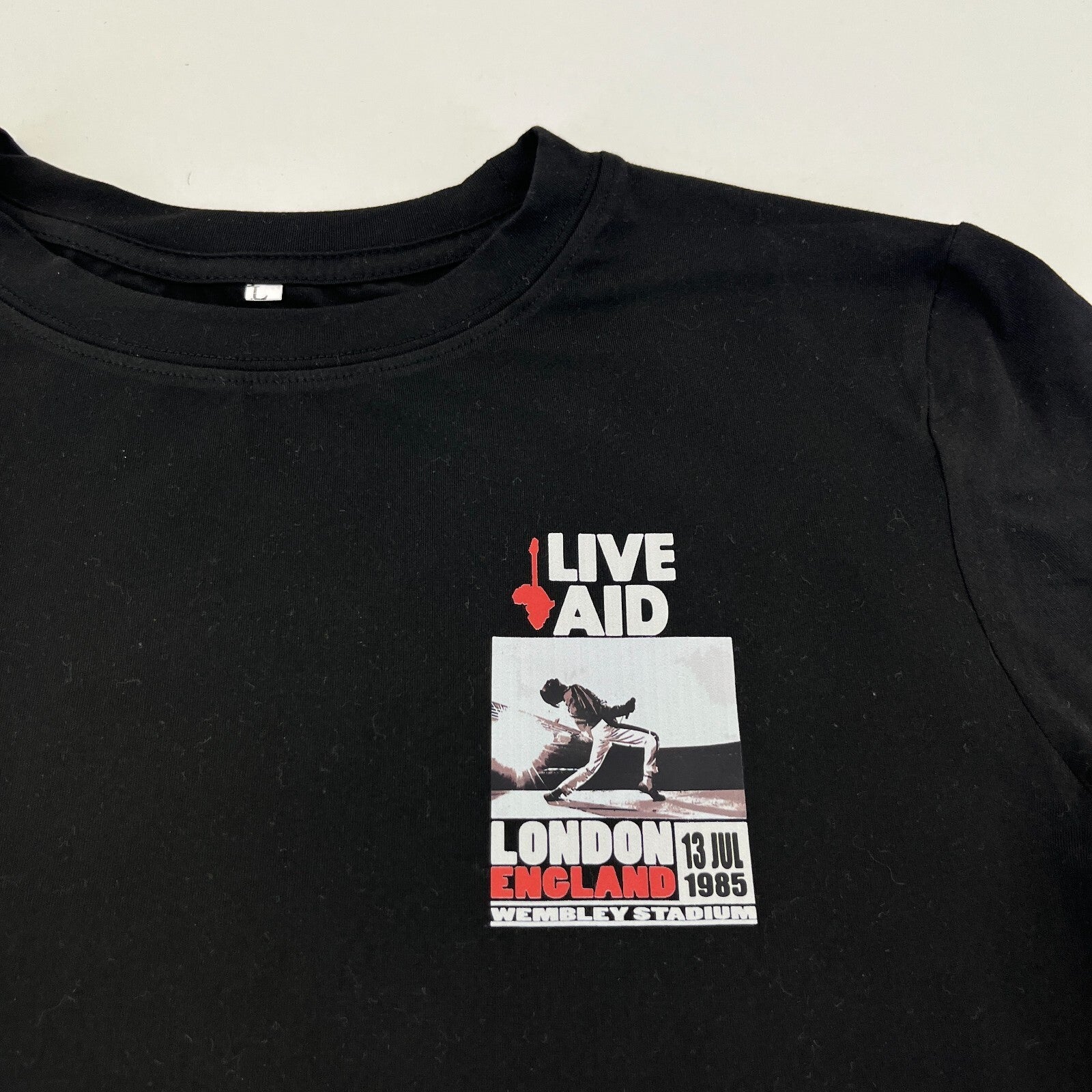 Live Aid 1985 T-Shirt in Black with Back Print Women's size Large