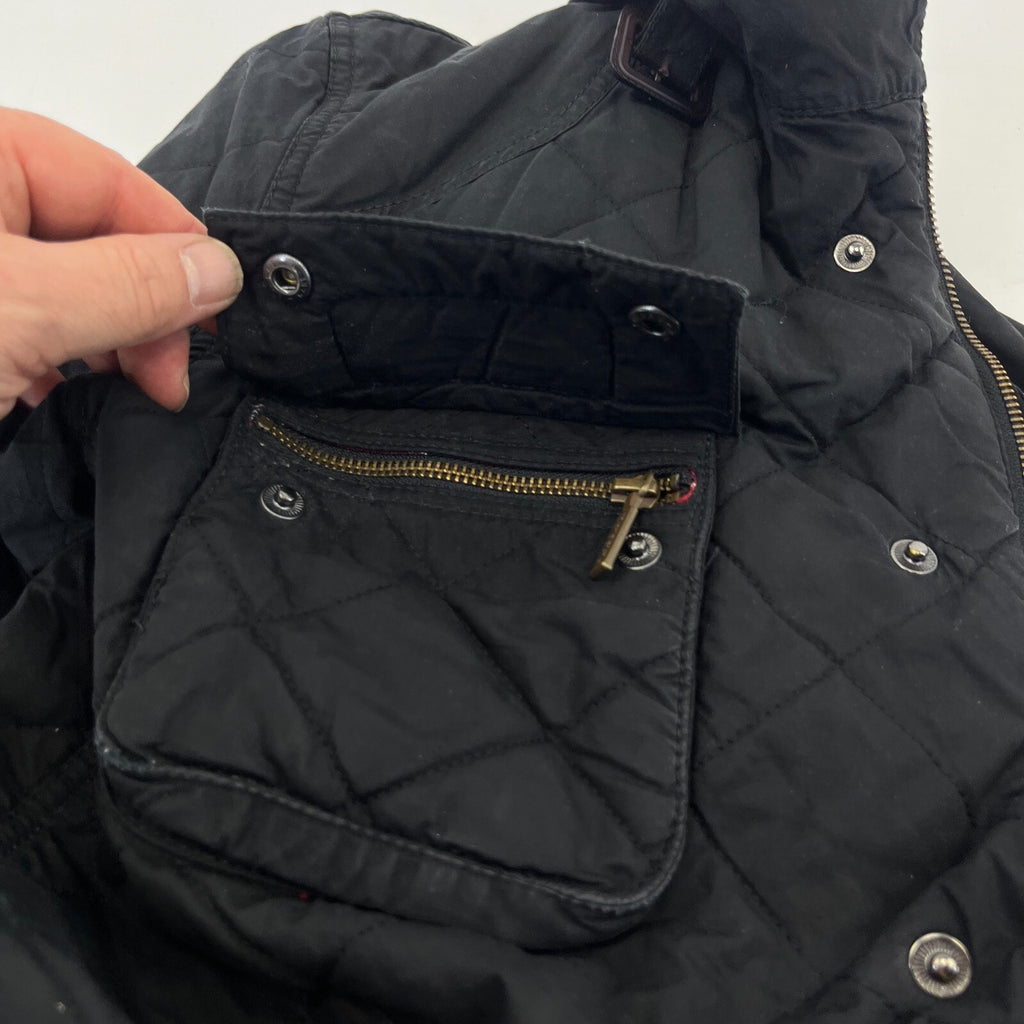 Barbour International Quilted Waxed Cotton Jacket Black with Belt Band Collar S