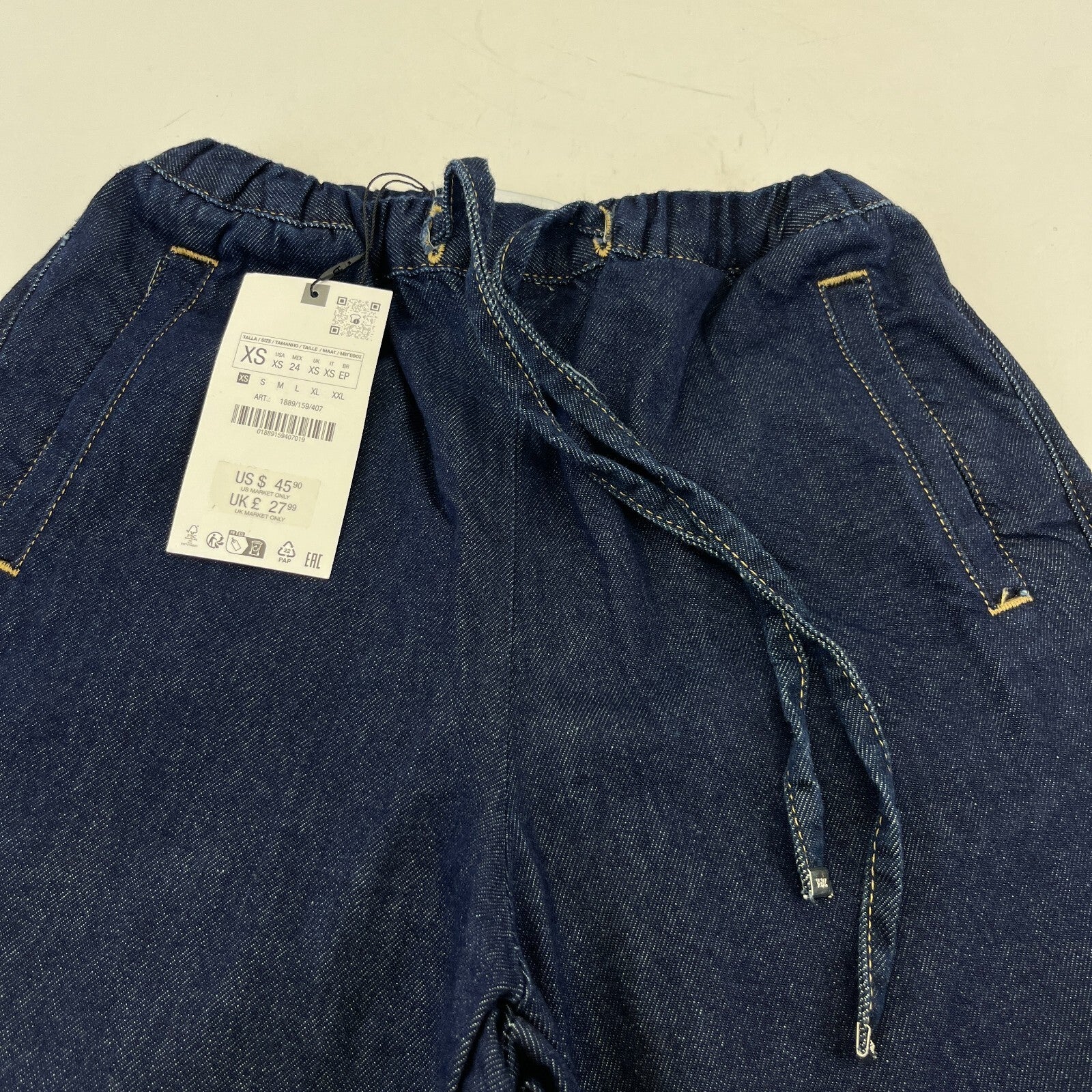 Zara Wide Leg Flared Denim Jeans Dark Blue Elasticated Tie Waist - size XS
