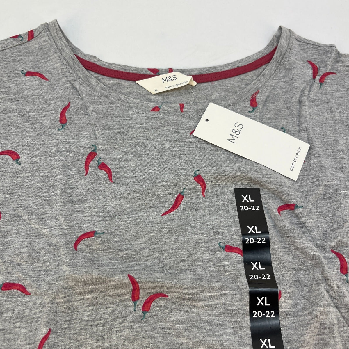 M&S Ladies Pyjama Set UK XL 20-22 Grey with Chillies Long Leg Short Sleeve New