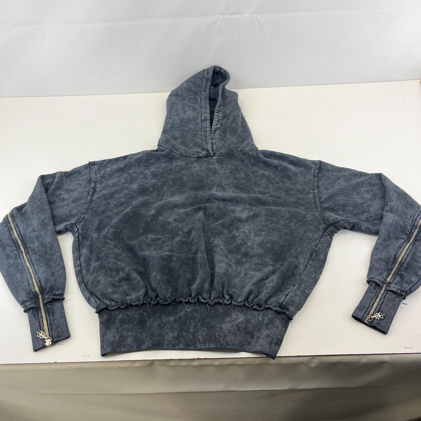 Drop Dead Distressed Look Grey w Zip Sleeves Hoodie 100% Cotton Streetwear UK XS