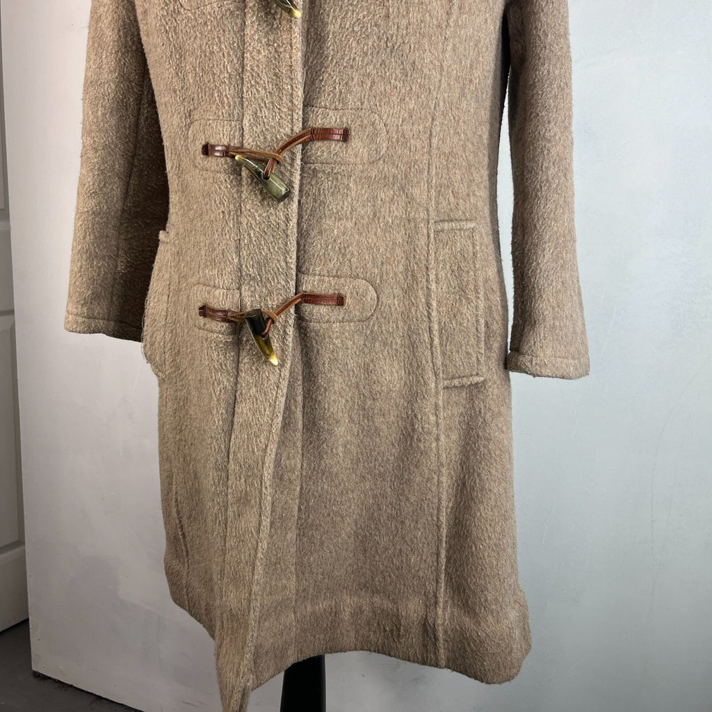 Vintage Women’s Camel Beige Hooded Duffle Coat with Tooth Toggles UK size 16