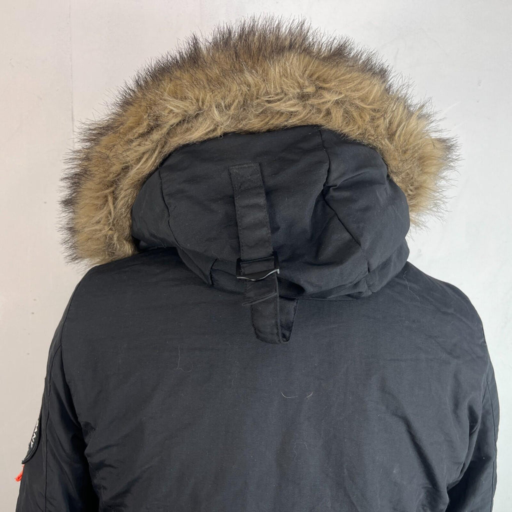Superdry Everest Mountain Parka in Black with Fur Fringe Hood UK Women's size 12
