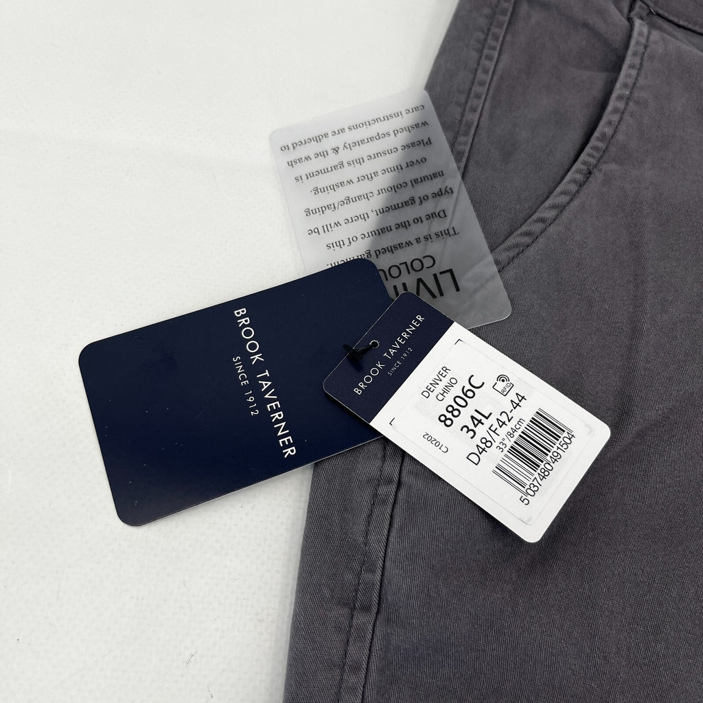 Brook Taverner Denver Chino Trousers in Grey Size 34L Cotton Stretch BNWT
