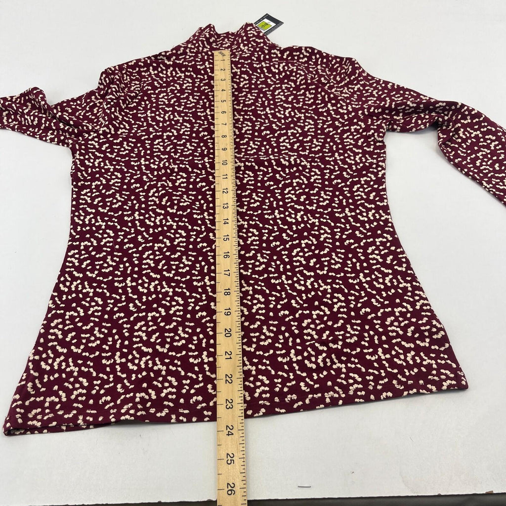 M&S Collection Women's Turtle Neck Top Burgundy & White Long Sleeve Tee size 12