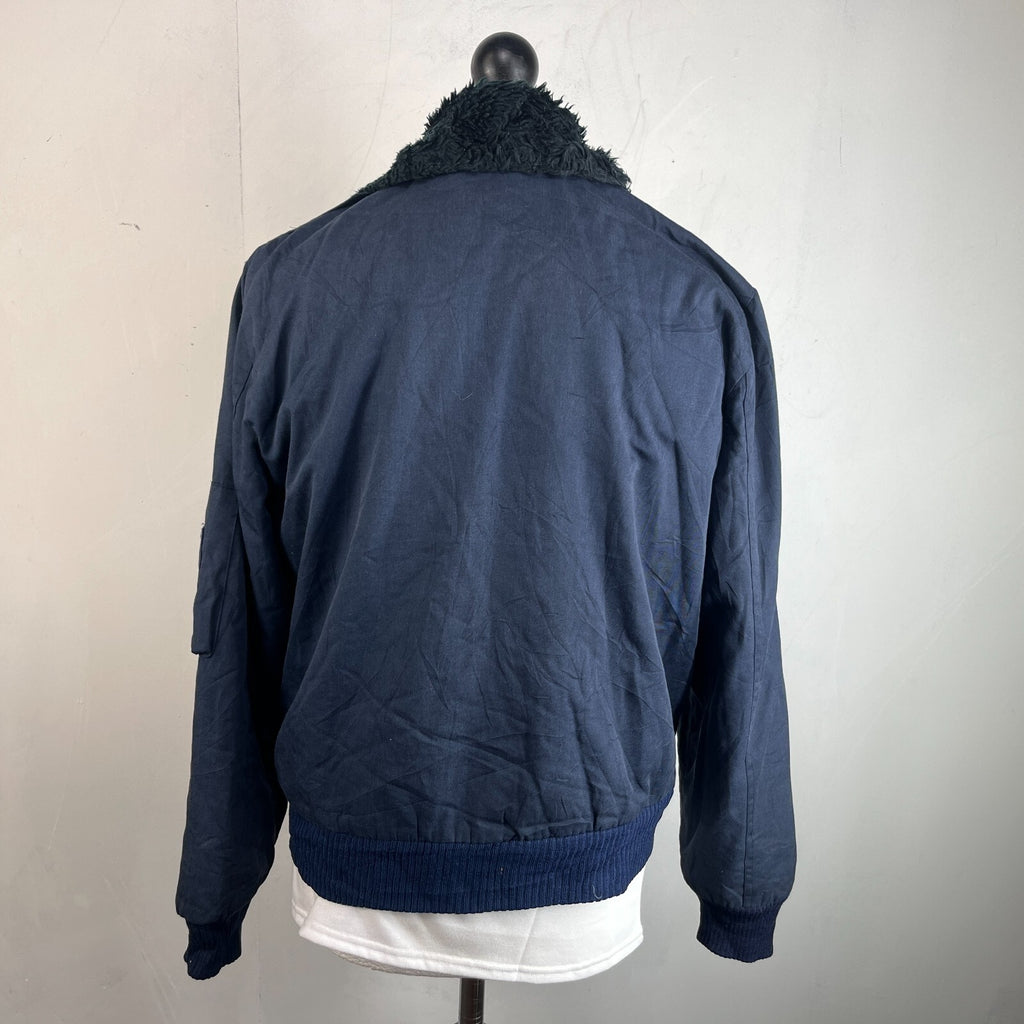 French Military Fleece Lined Bomber Jacket size M Navy Blue Workwear Canvas