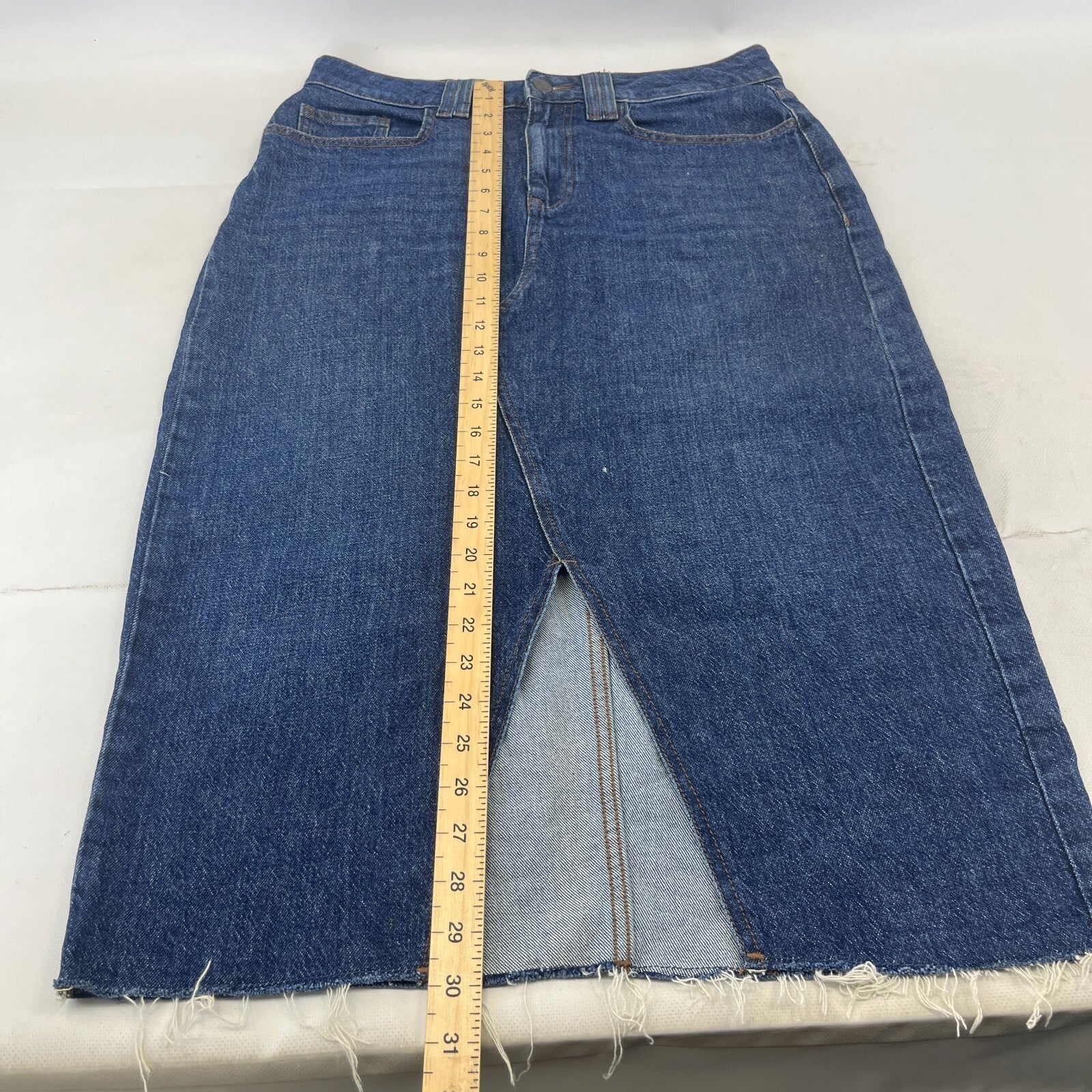 Fat Face Weston Denim Midi Skirt Cotton Festival UK 12 Dark Blue with Hem Fray