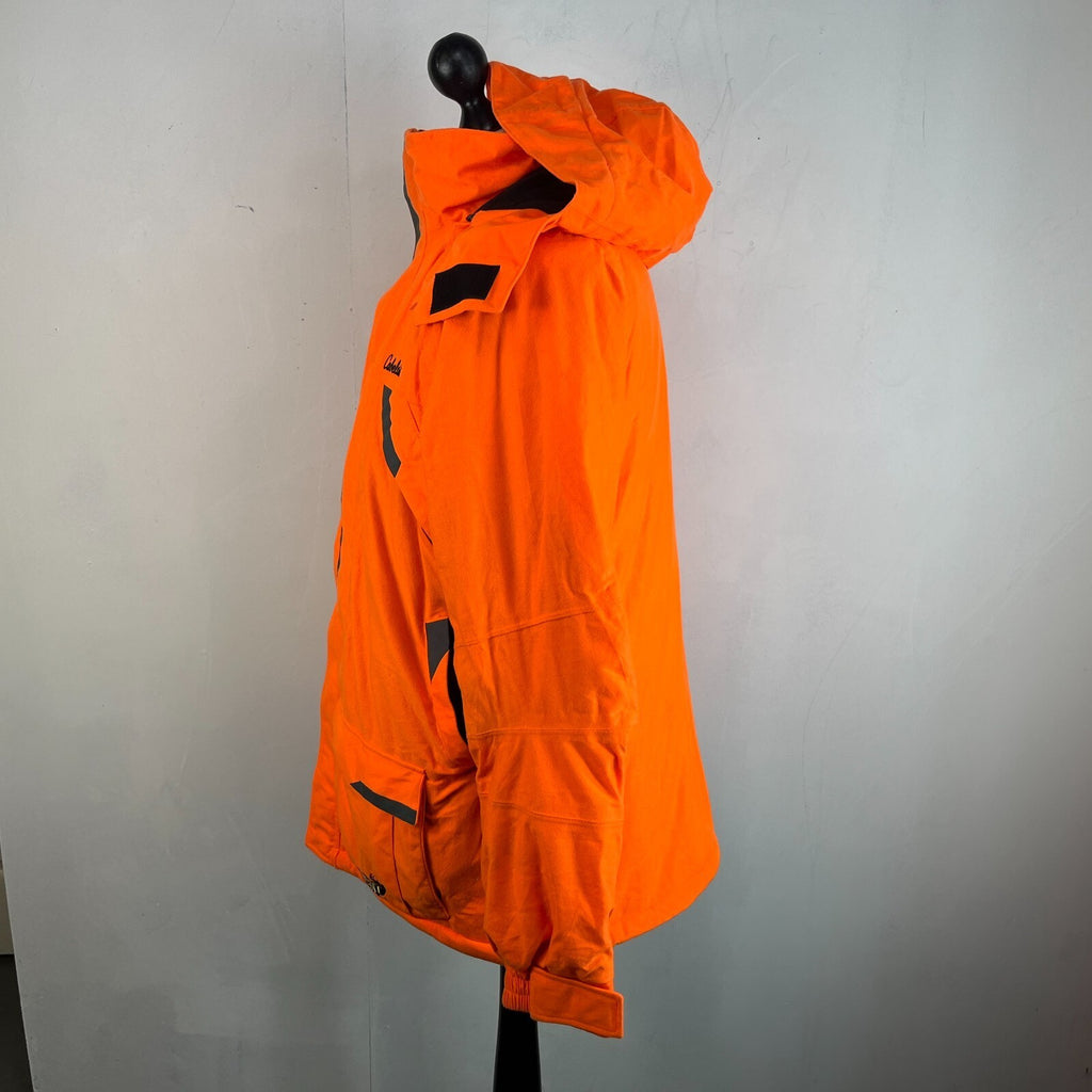 Cabelas Fluorescent Orange Softshell Chore Coat Warm Jacket with Hood size Large