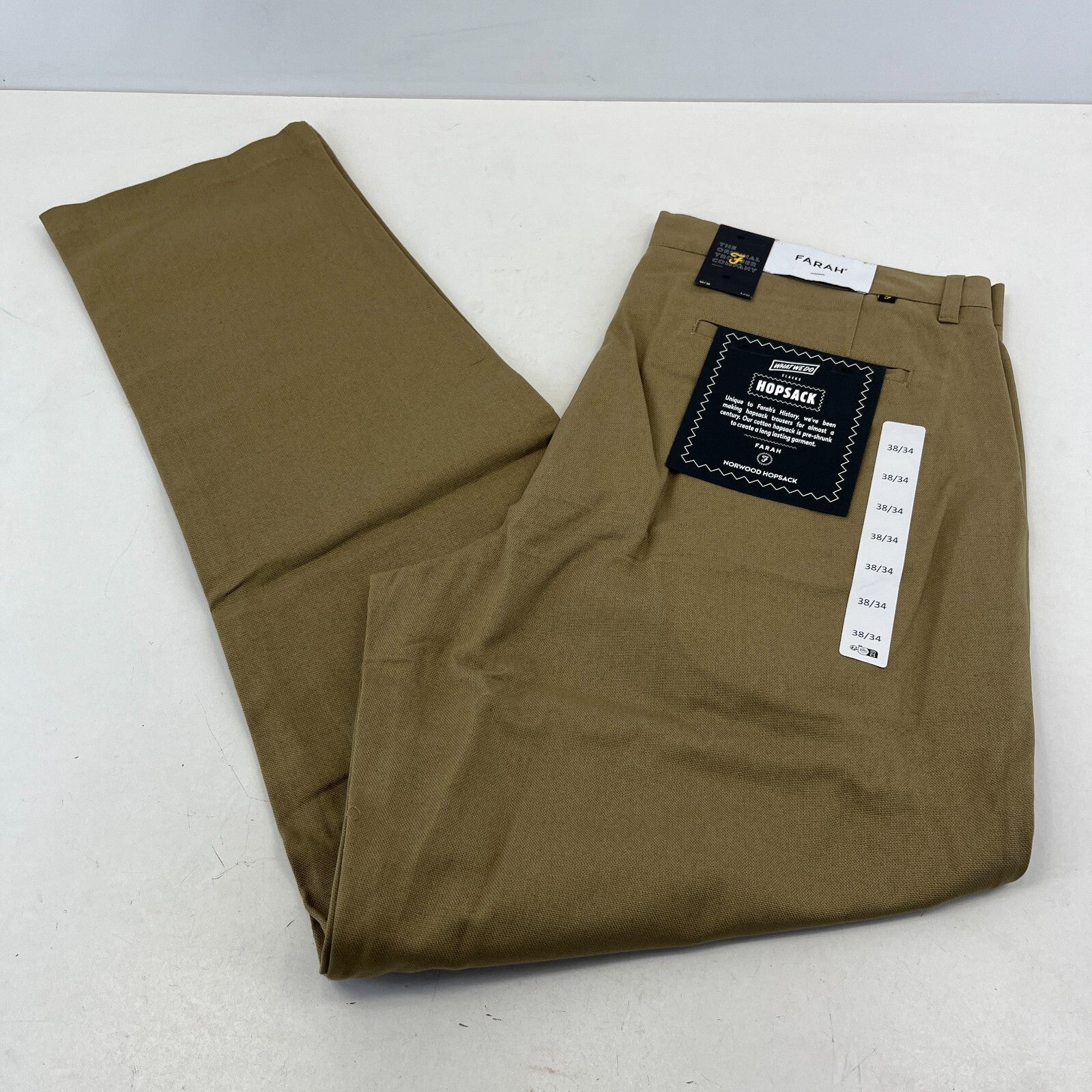 Farah Norwood Hopsack 100% Cotton Trousers Regular Fit W38" L34" Khaki Beige