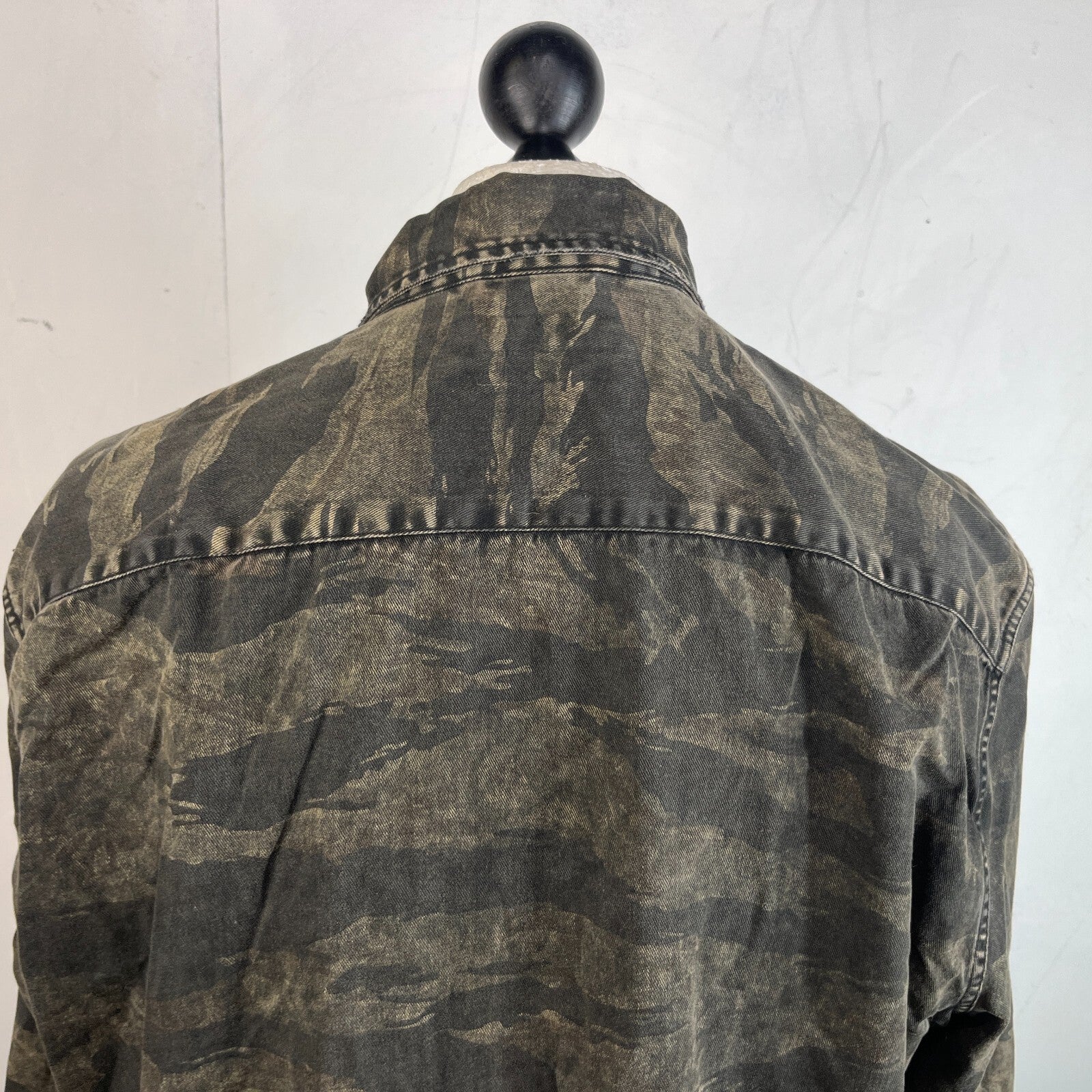 AllSaints Denim Jacket Men's size XL Relaxed Fit Distressed Tiger Camo