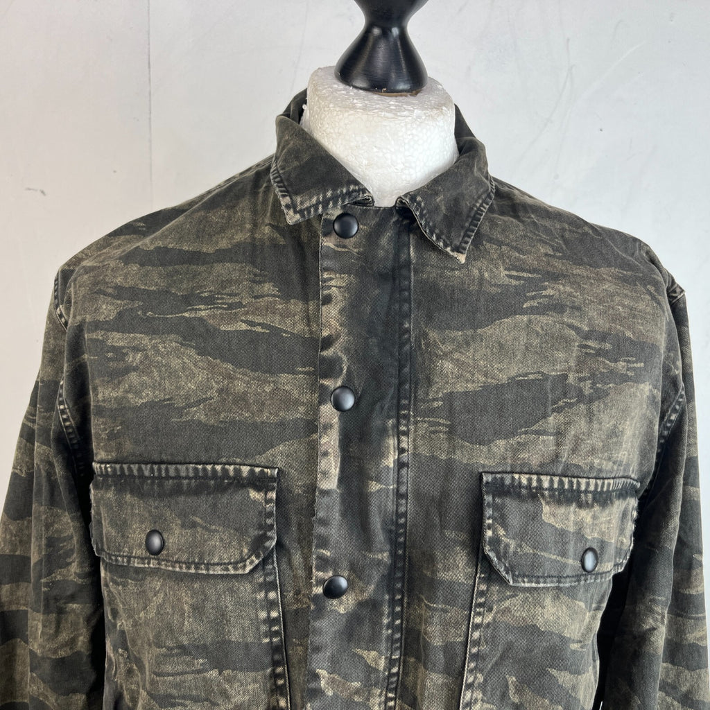 AllSaints Denim Jacket Men's size XL Relaxed Fit Distressed Tiger Camo