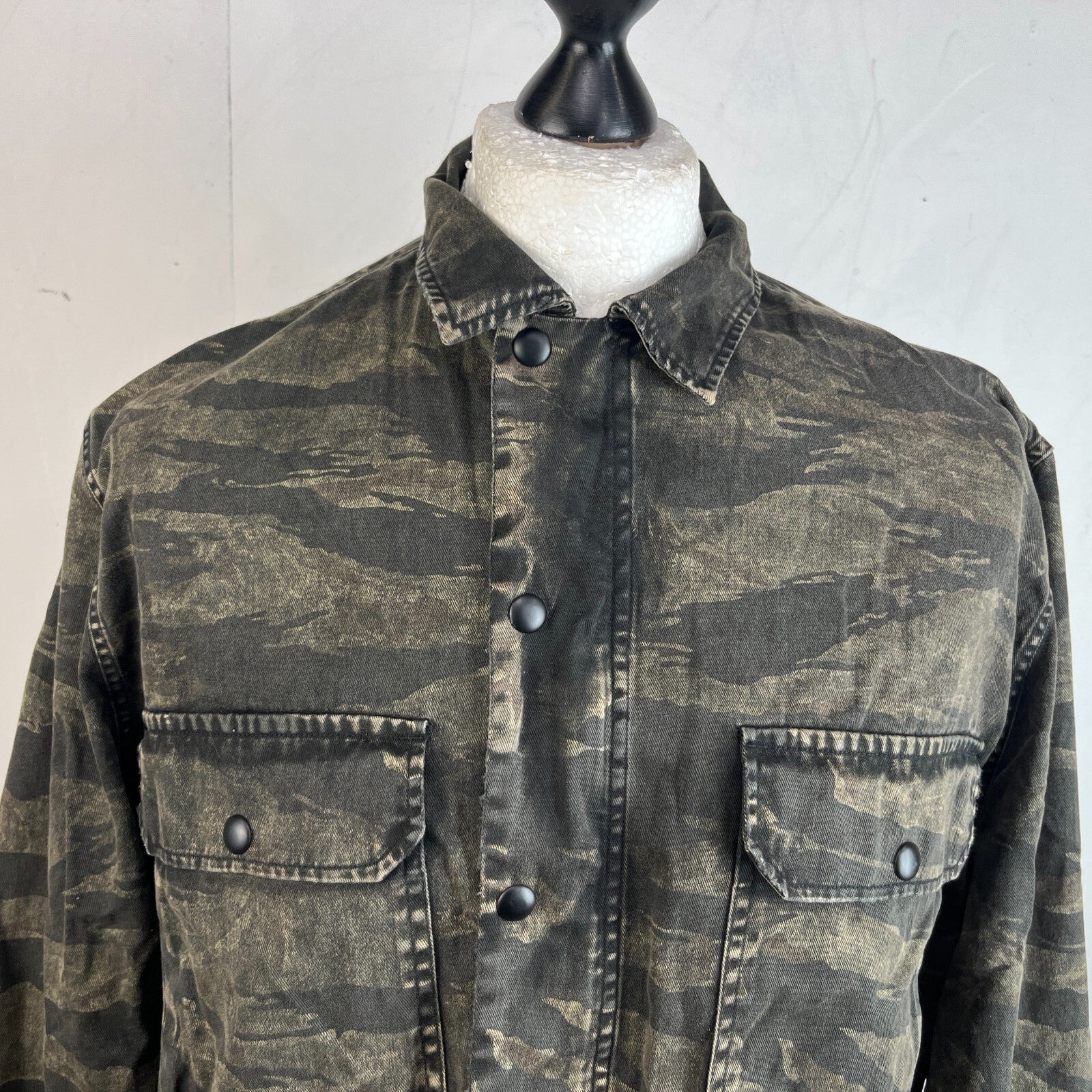 AllSaints Denim Jacket Men's size XL Relaxed Fit Distressed Tiger Camo
