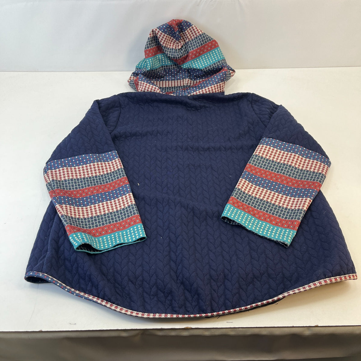 Traditional Chinese Women's Hooded Cardigan Navy Blue Wide Sleeve size XL