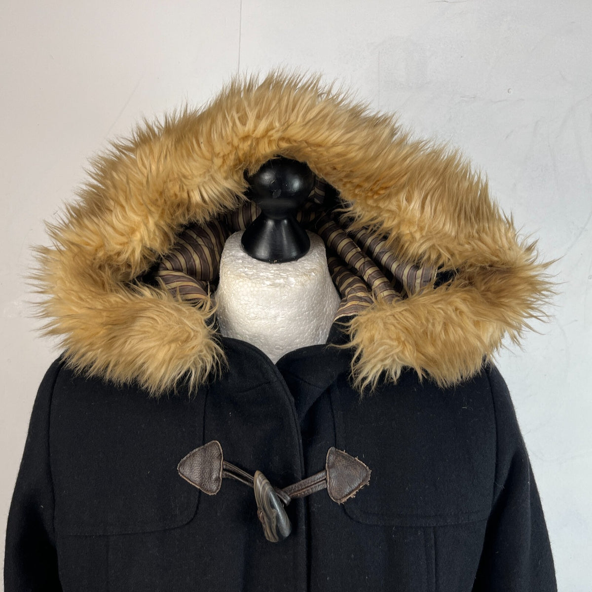 American Eagle Women's Black Duffle Parka Coat Hooded Faux Fur Trim size L