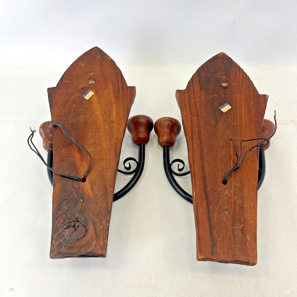 Pair of Vintage Double Sconce Wall Lights Gothic Metal & Wood 14" Two Arm