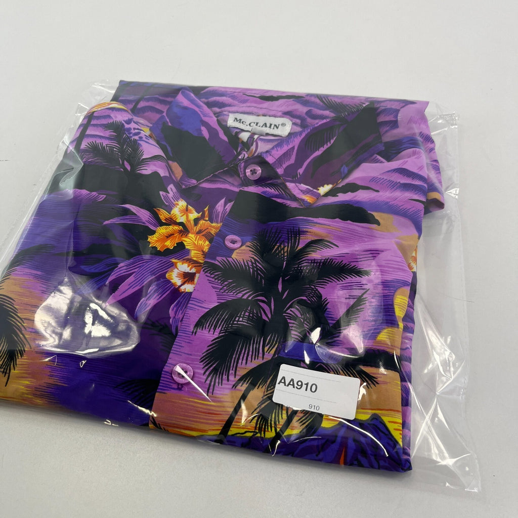 McClain Purple Floral Mens Hawaiian Shirt Designer Holiday Short Sleeve size L