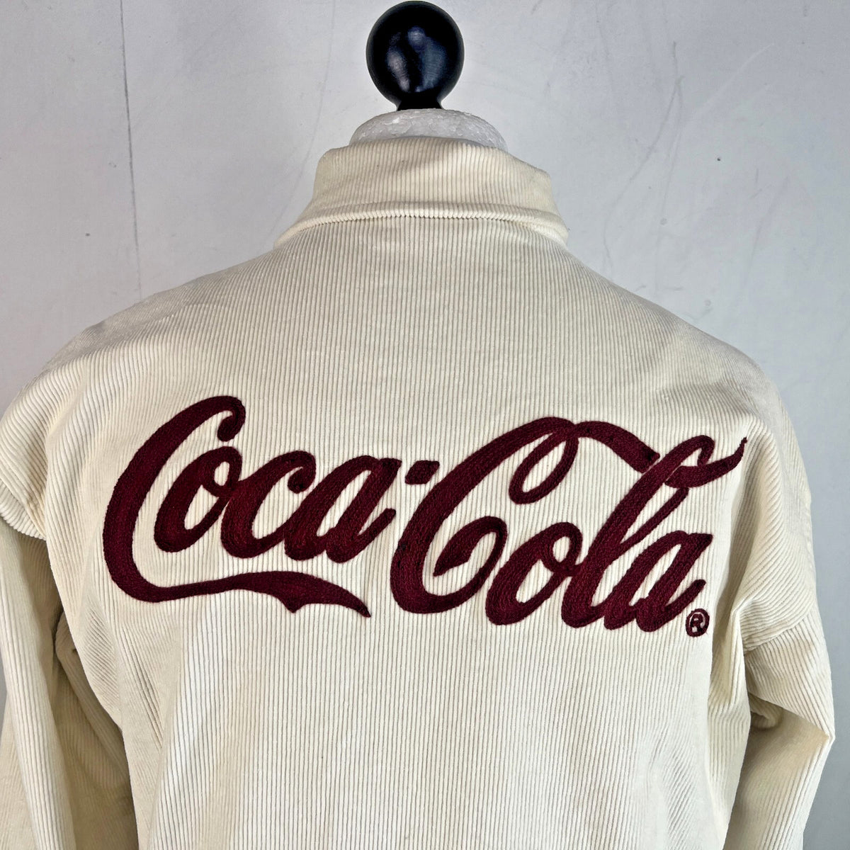 Rare Alma de Ace Coca Cola Micro Cord Varsity Jacket size Small in Cream