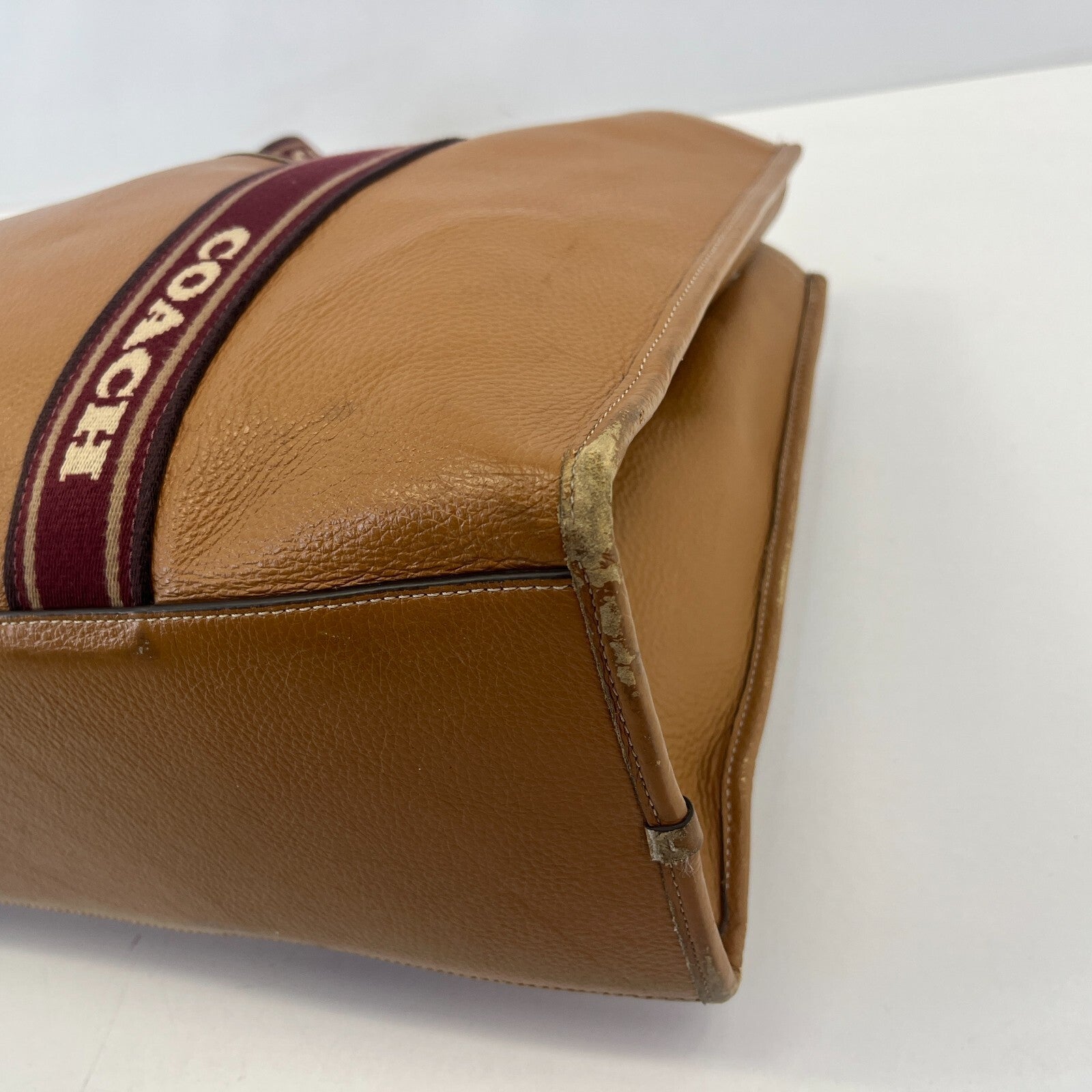 Coach Smith Tote Bag CM716 Tan Pebbled Leather Burgundy Logo Strap