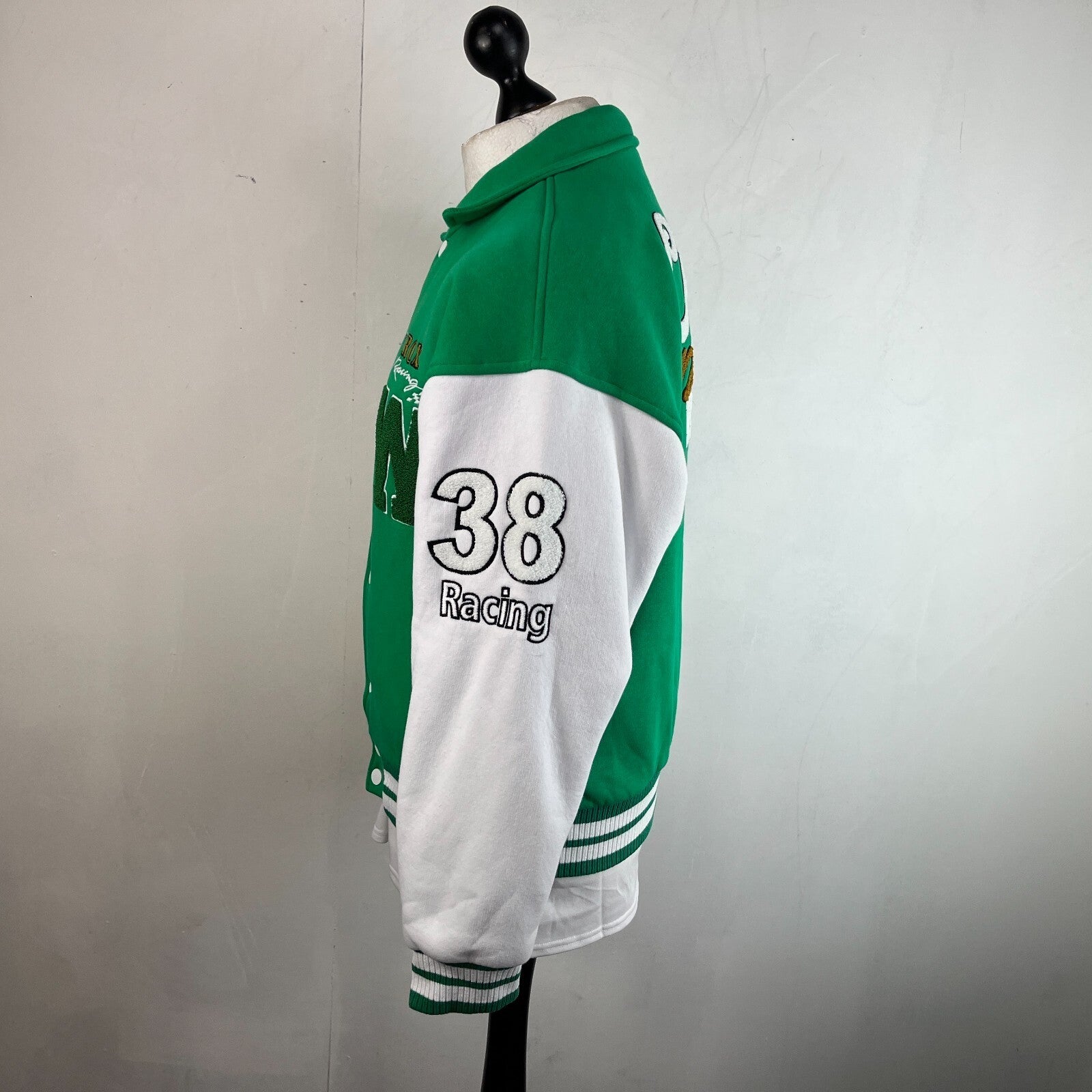 Rocqer-X Women's Green & White Embroidered Varsity Jacket size 2XL