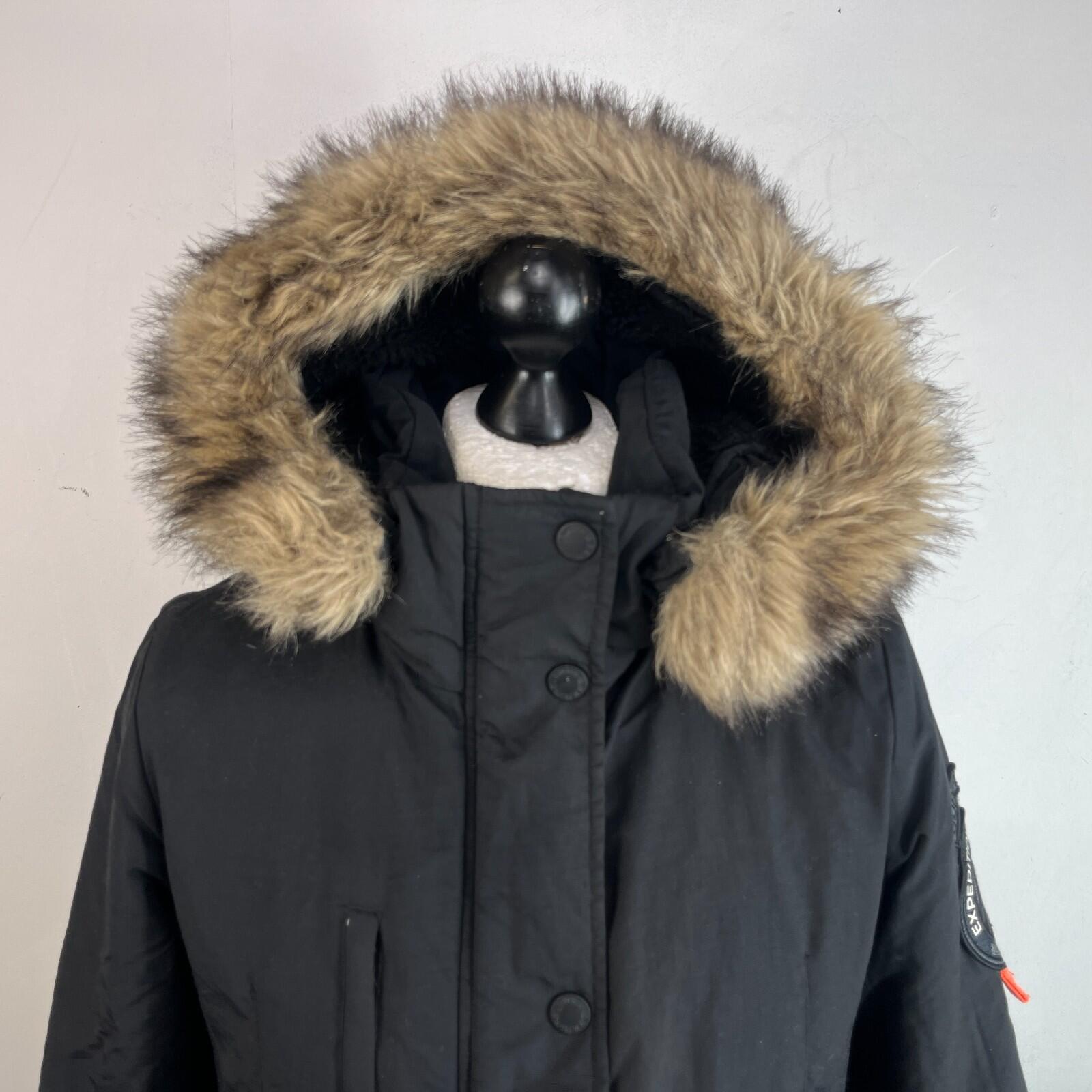 Superdry Everest Mountain Parka in Black with Fur Fringe Hood UK Women's size 12