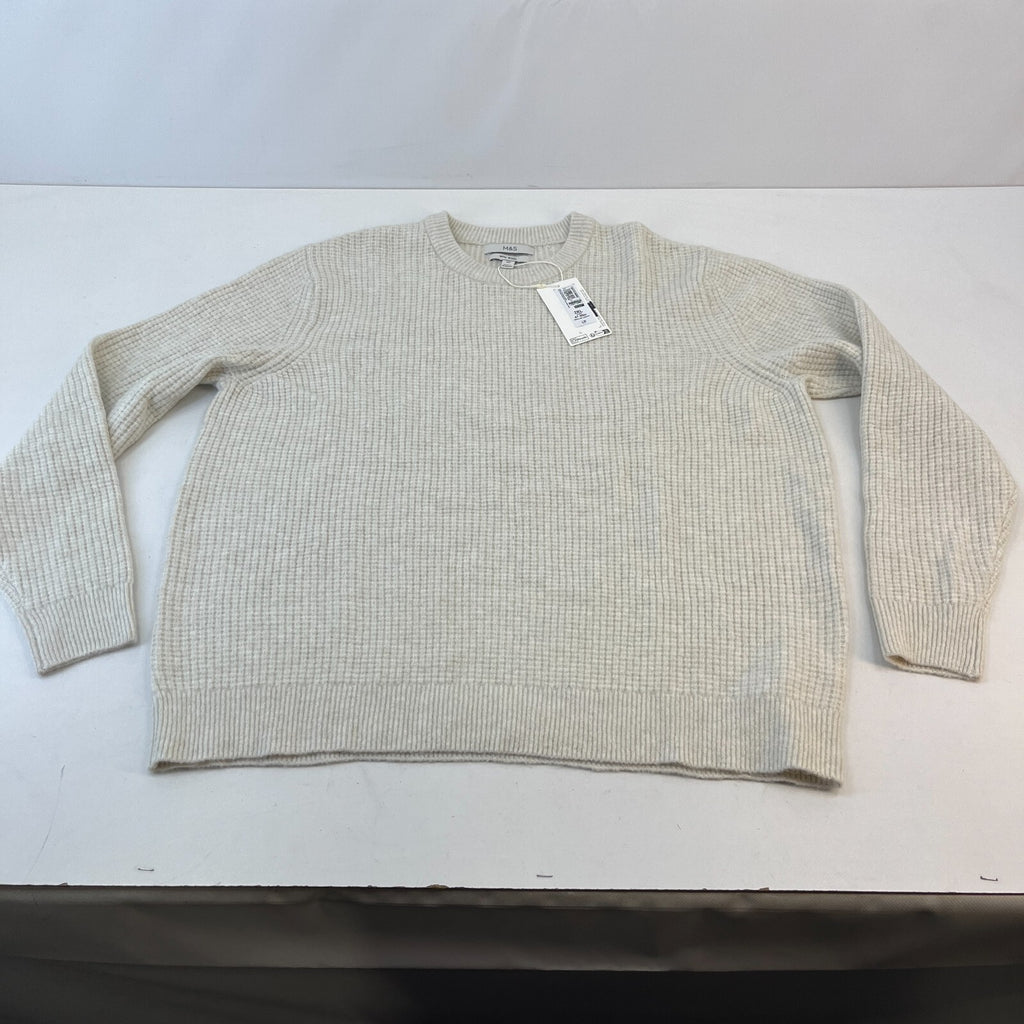 M&S Men's Wool Blend Waffle Knit Soft Crew Neck Jumper Off White Ecru 2XL New