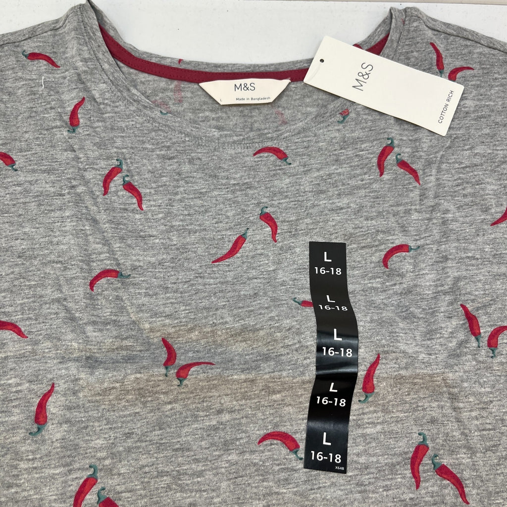 M&S Ladies Pyjama Set UK L 16-18 Grey with Chillies Long Leg Short Sleeve New