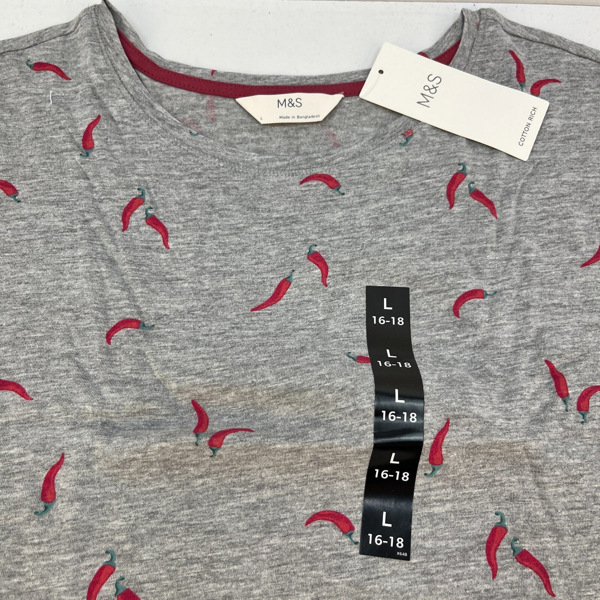 M&S Ladies Pyjama Set UK L 16-18 Grey with Chillies Long Leg Short Sleeve New