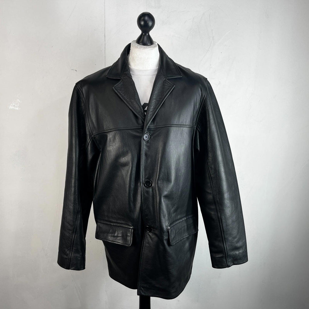 Men's Retro 100% Leather Jacket from George in Black Quilted Lined Coat