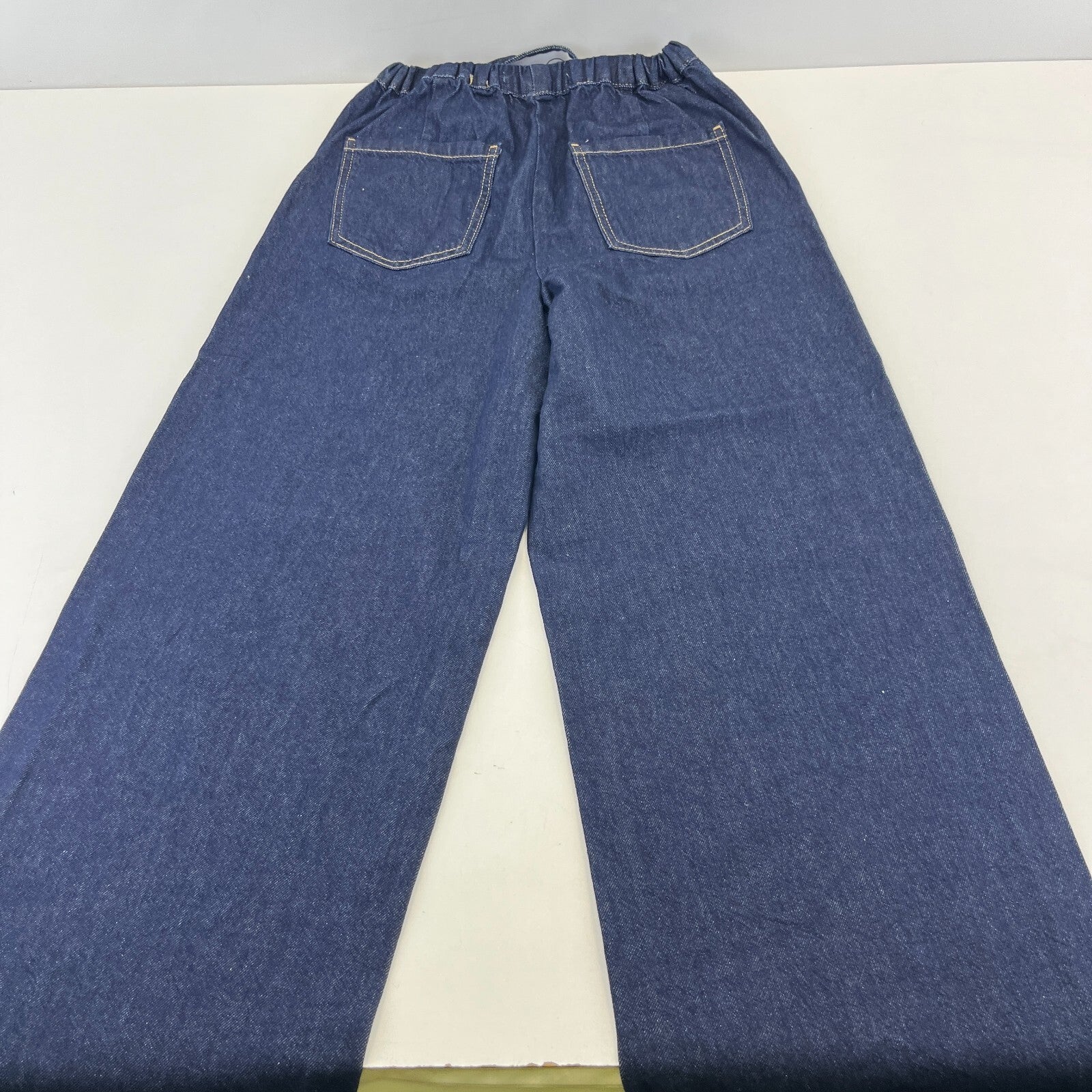 Zara Wide Leg Flared Denim Jeans Dark Blue Elasticated Tie Waist - size XS