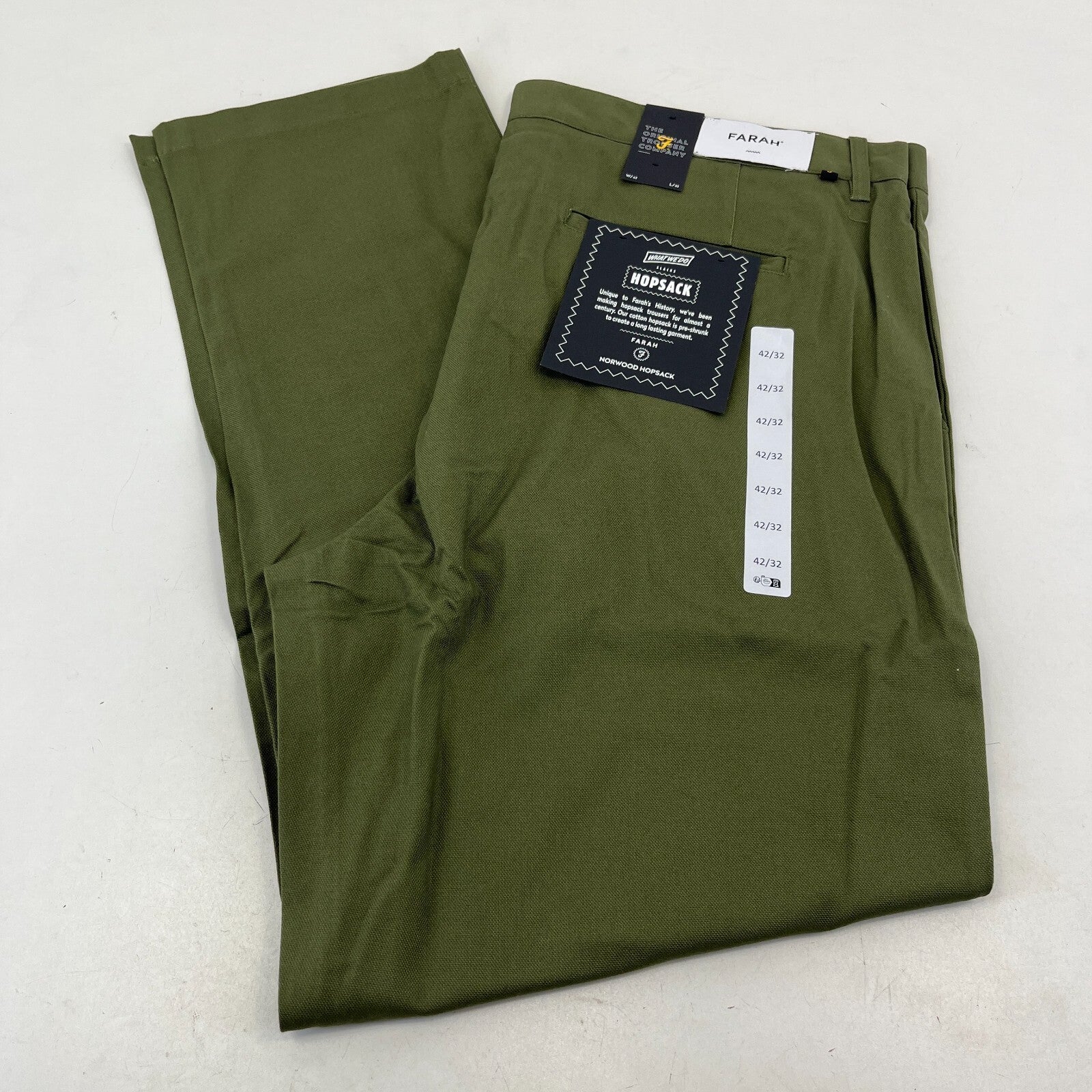 Farah Norwood Hopsack 100% Cotton Trousers Regular Fit W42" L32" Olive Green