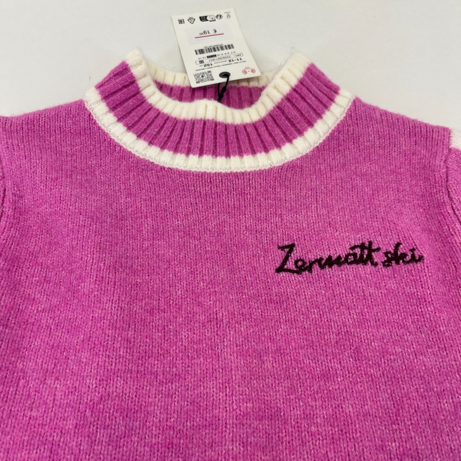 Zara Girl's Knit Jumper Crew Neck Pullover Sweater Pink & White size 11-12yrs