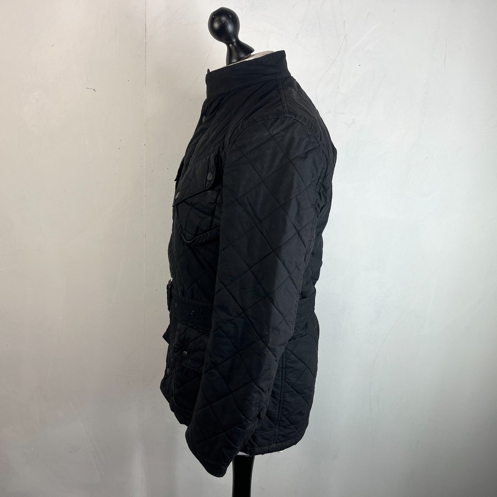 Barbour International Quilted Waxed Cotton Jacket Black with Belt Band Collar S