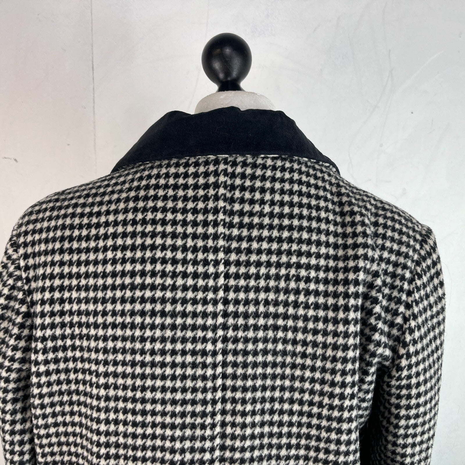 Vtg Kashmoor of London Wool Blend Long Overcoat UK 16 Black/White Houndstooth